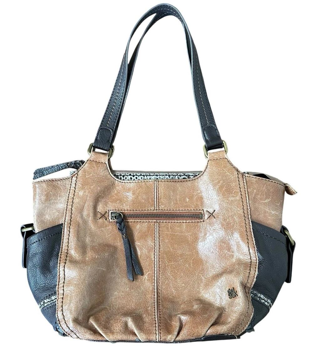 The Sak Kendra Two Toned Brown Leather Hobo Shoulder Bag Purse Snake Skin